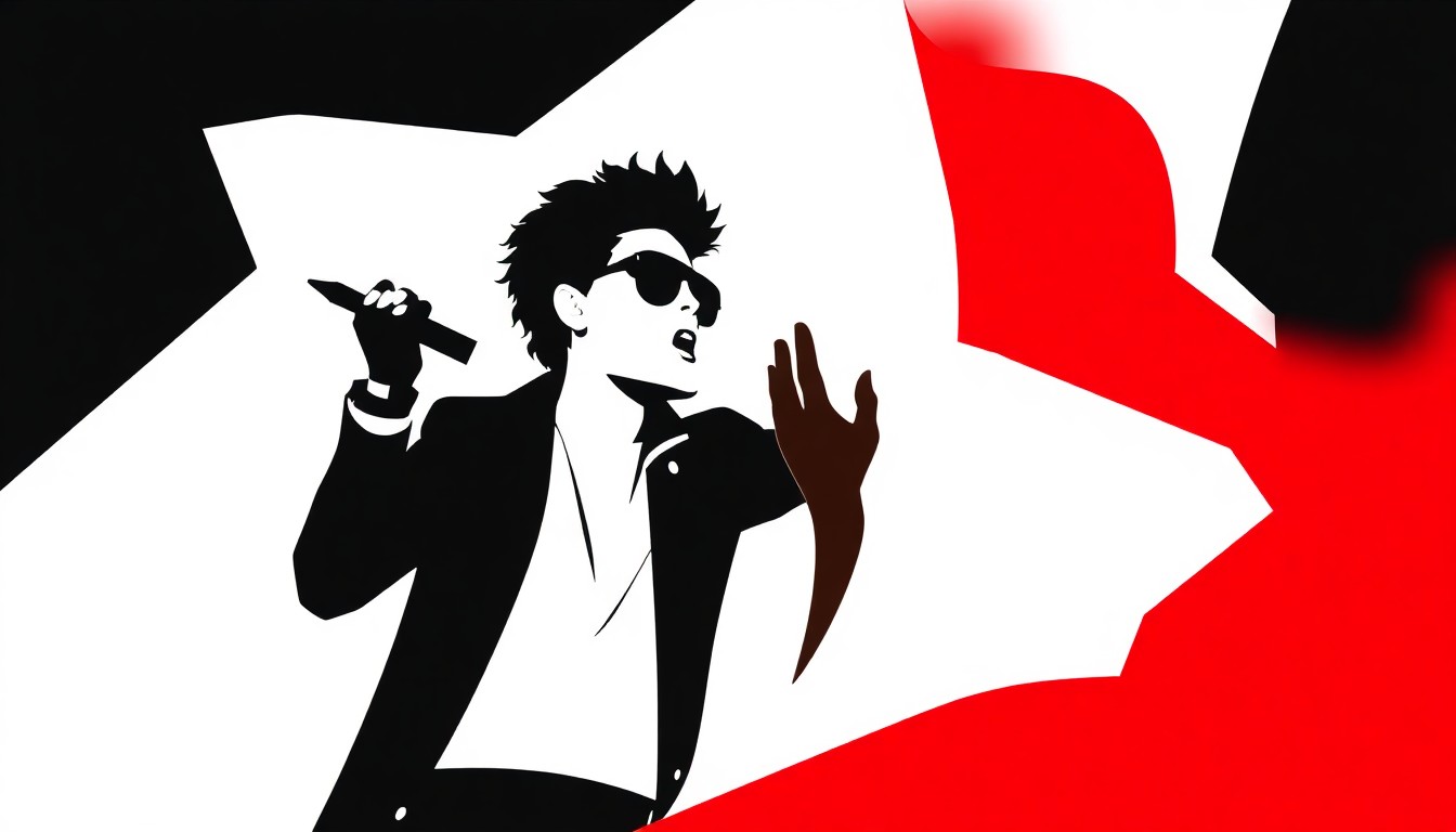 An abstract, minimalist composition using bold, jagged black silhouettes against a stark white background, with splashes of bright red to convey a sense of tension and cultural clash.