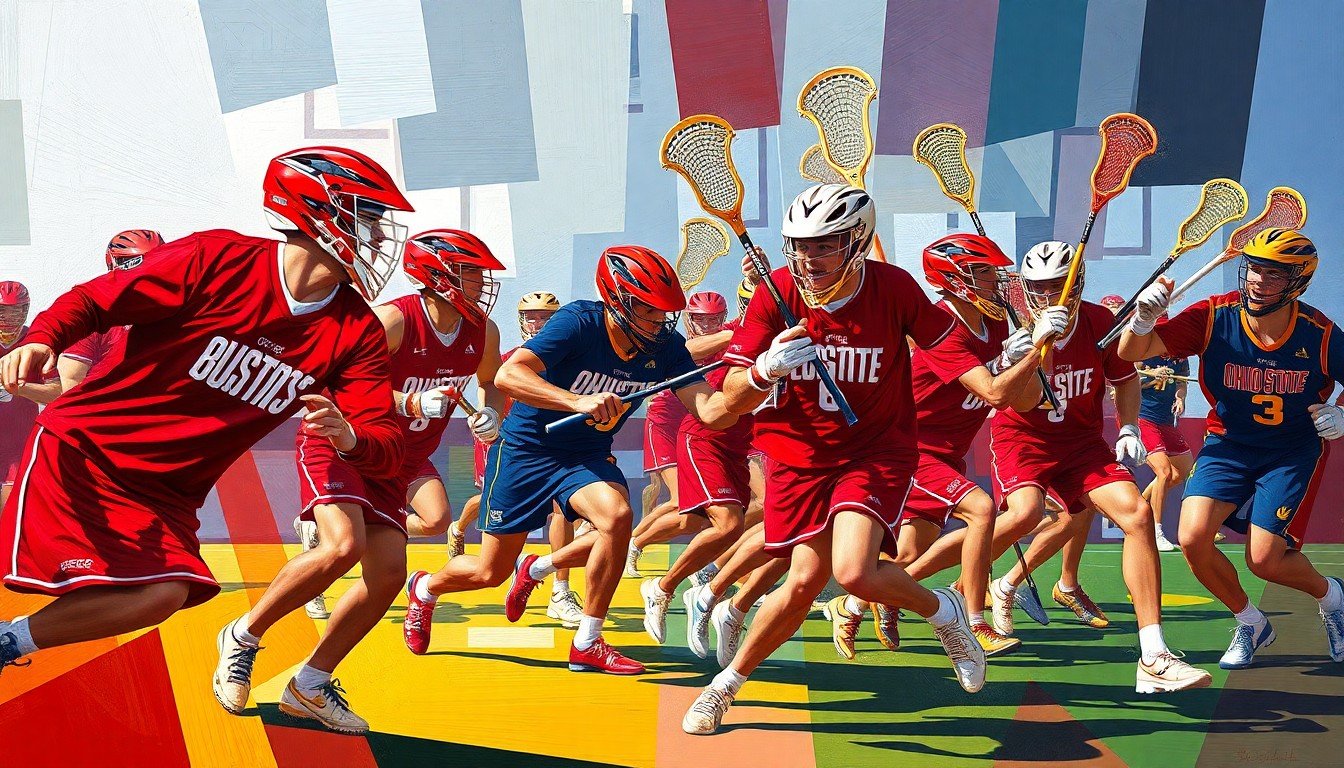 A cubist-style painting depicting the intense action of a women's lacrosse game, with players and the ball fragmented into sharp, overlapping geometric shapes in a vibrant color palette.