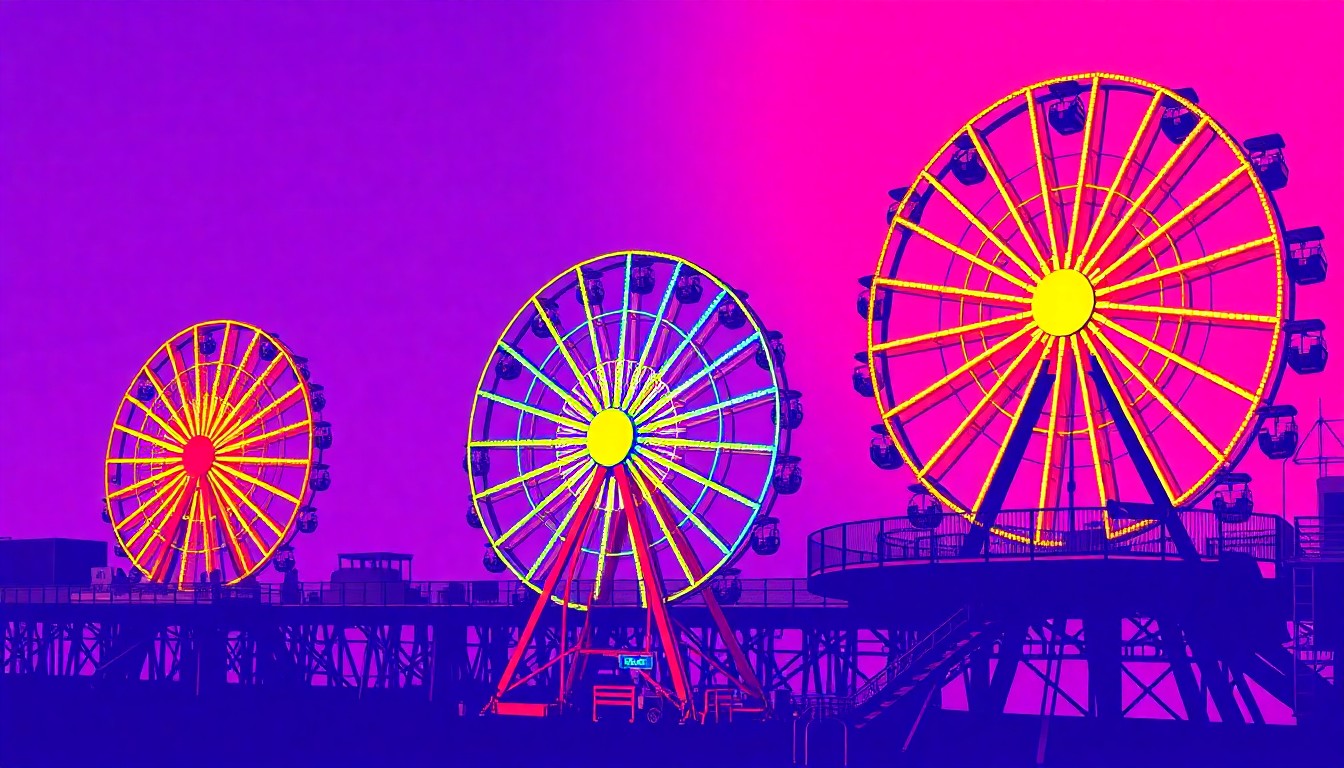A brightly colored, high-contrast silkscreen print of the Santa Monica Pier Ferris wheel repeated in a tight grid pattern, utilizing flat, vibrant, and unnatural neon color palettes overlapping with heavy black photographic outlines to turn the classic California landmark into modern pop art.