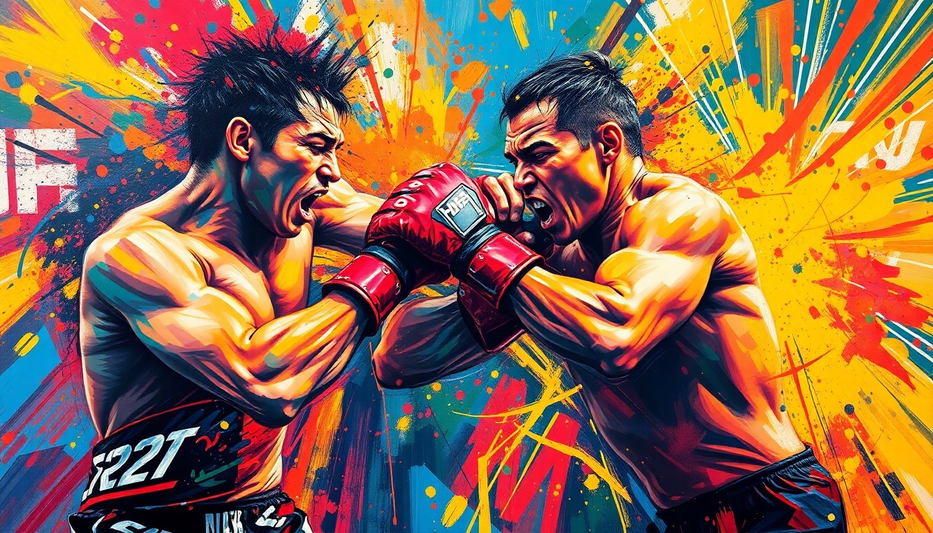 A dynamic, colorful painting in the style of LeRoy Neiman, featuring abstract, energetic brushstrokes that capture the intensity and movement of a mixed martial arts fight, with no recognizable faces or logos.