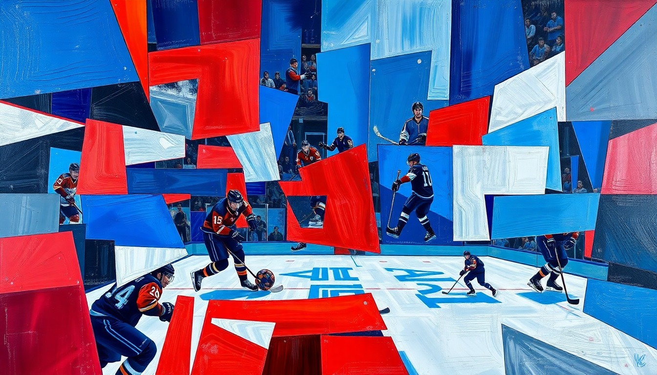 A cubist, geometric painting depicting a hockey game, with the players and ice rink broken down into sharp, overlapping planes of deep blue, bright red, and metallic silver, creating a dynamic, fragmented visual representation of the sport.