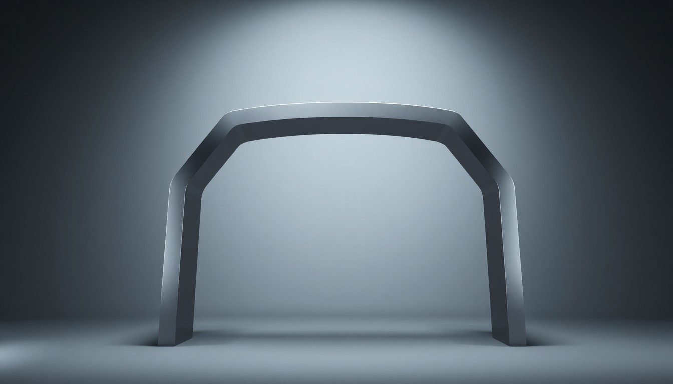 A high-end, photorealistic studio still-life photograph featuring a polished, metallic archway structure made of sleek, geometric shapes floating on a clean, monochromatic background, conceptually representing the abstract corporate and legal debates surrounding this controversial development.