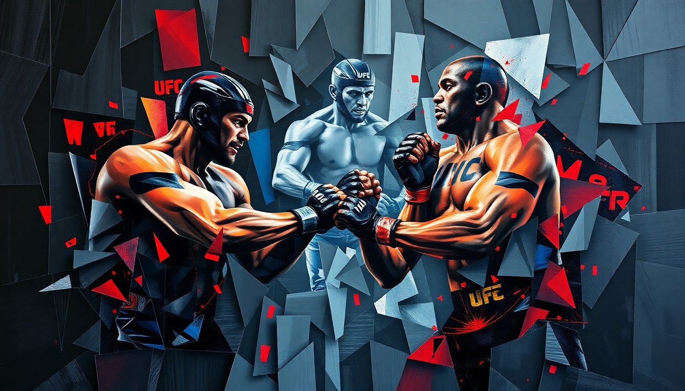A fractured, cubist-style painting depicting the intense action and physicality of a UFC heavyweight fight, with sharp geometric shapes and planes of dark grays, blues, and reds.