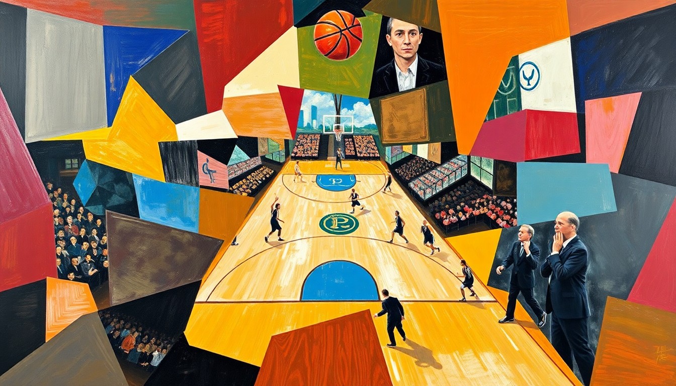 A cubist-style painting depicting a fragmented, geometric basketball court scene, representing the roster changes and new opportunities facing the Illinois basketball program.
