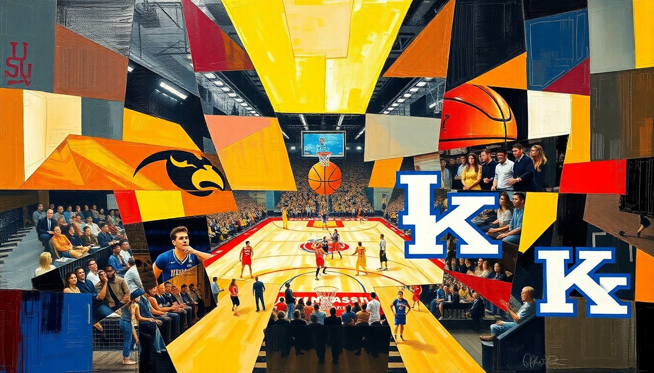 A cubist-style painting depicting a basketball game, with the players and court broken down into sharp, overlapping geometric shapes in a variety of vibrant colors, capturing the intense energy and competition of the matchup.