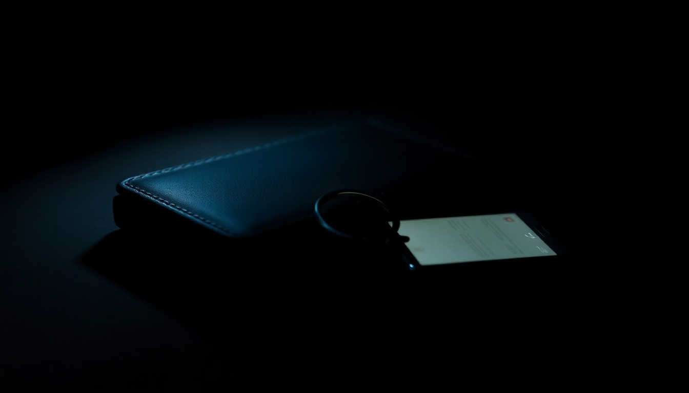 An extreme close-up photograph of a personal item belonging to the missing woman, such as her wallet or keys, dramatically lit by a harsh flash against a dark background to create a stark, gritty investigative aesthetic.
