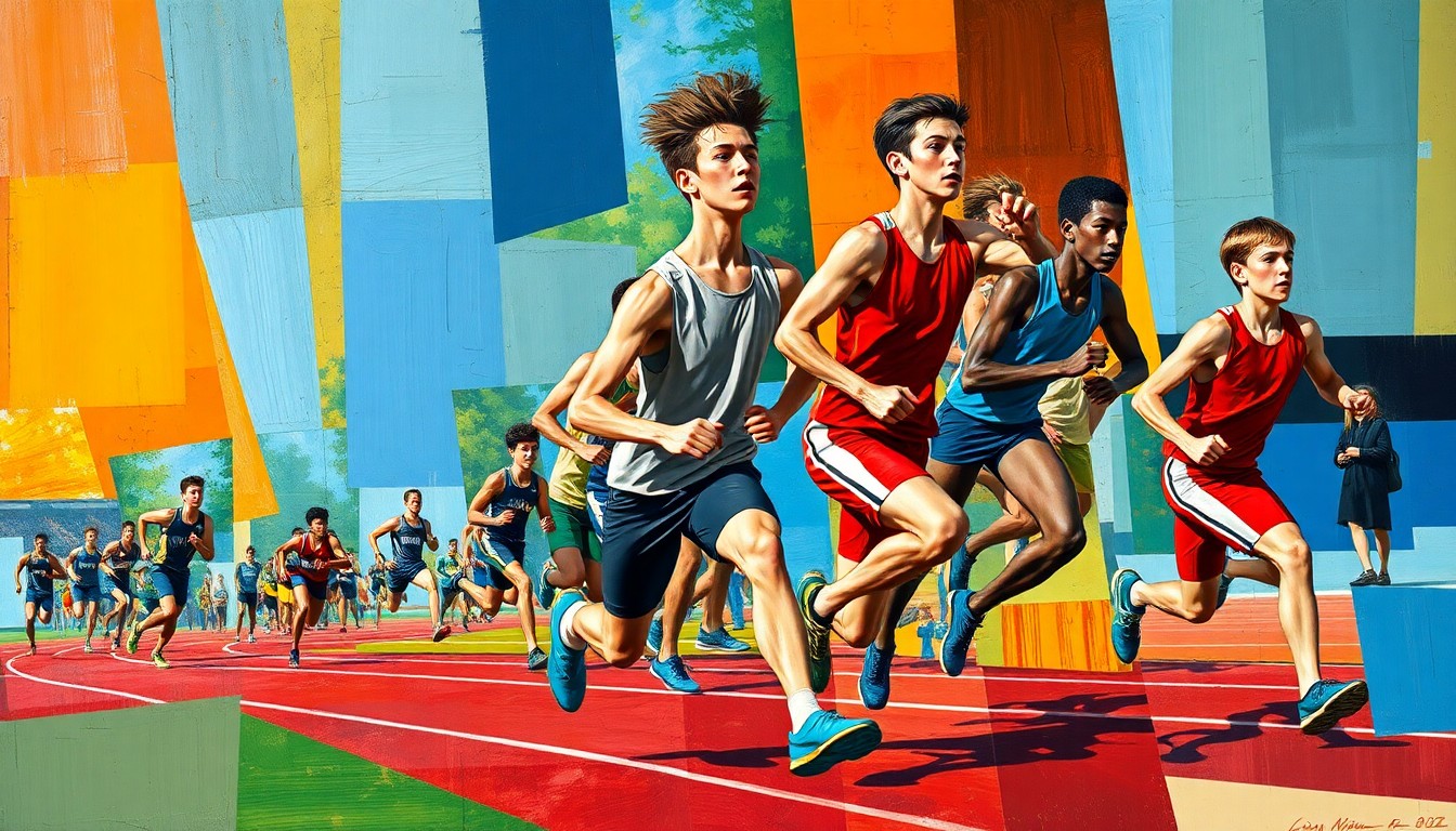 A fragmented, geometric painting depicting athletes in motion during a track and field competition, with sharp planes of color and overlapping perspectives.