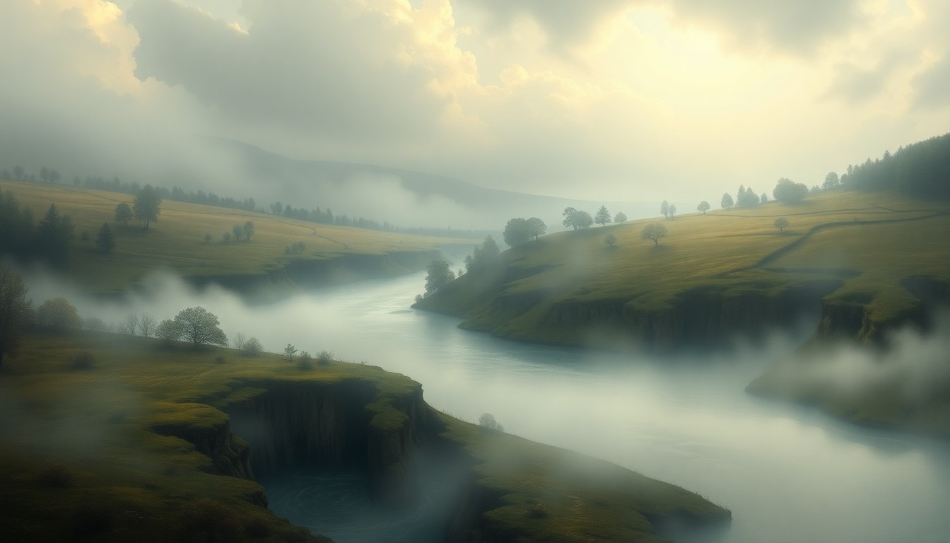 A serene, fog-shrouded landscape painting depicting a winding creek dotted with ominous, swirling sinkholes that seem to dissolve the surrounding terrain, conveying a sense of the sublime power of nature.