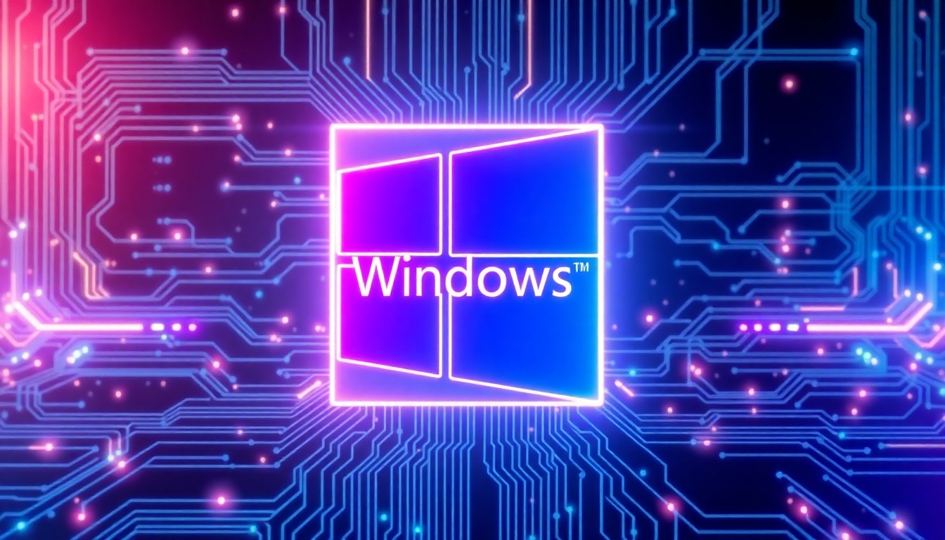A vibrant, neon-lit 3D illustration depicting the Windows 11 logo surrounded by a grid of abstract digital circuits and data streams, conveying a sense of technological progress and the importance of software updates.