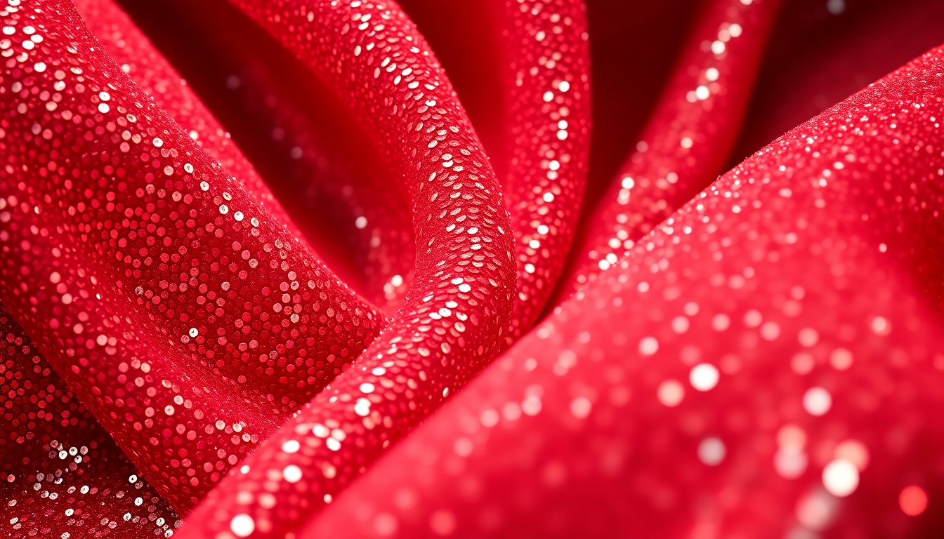 An extreme close-up of shimmering, textured fabric in rich, vibrant colors, conceptually representing the glamour and self-expression of celebrity motherhood.