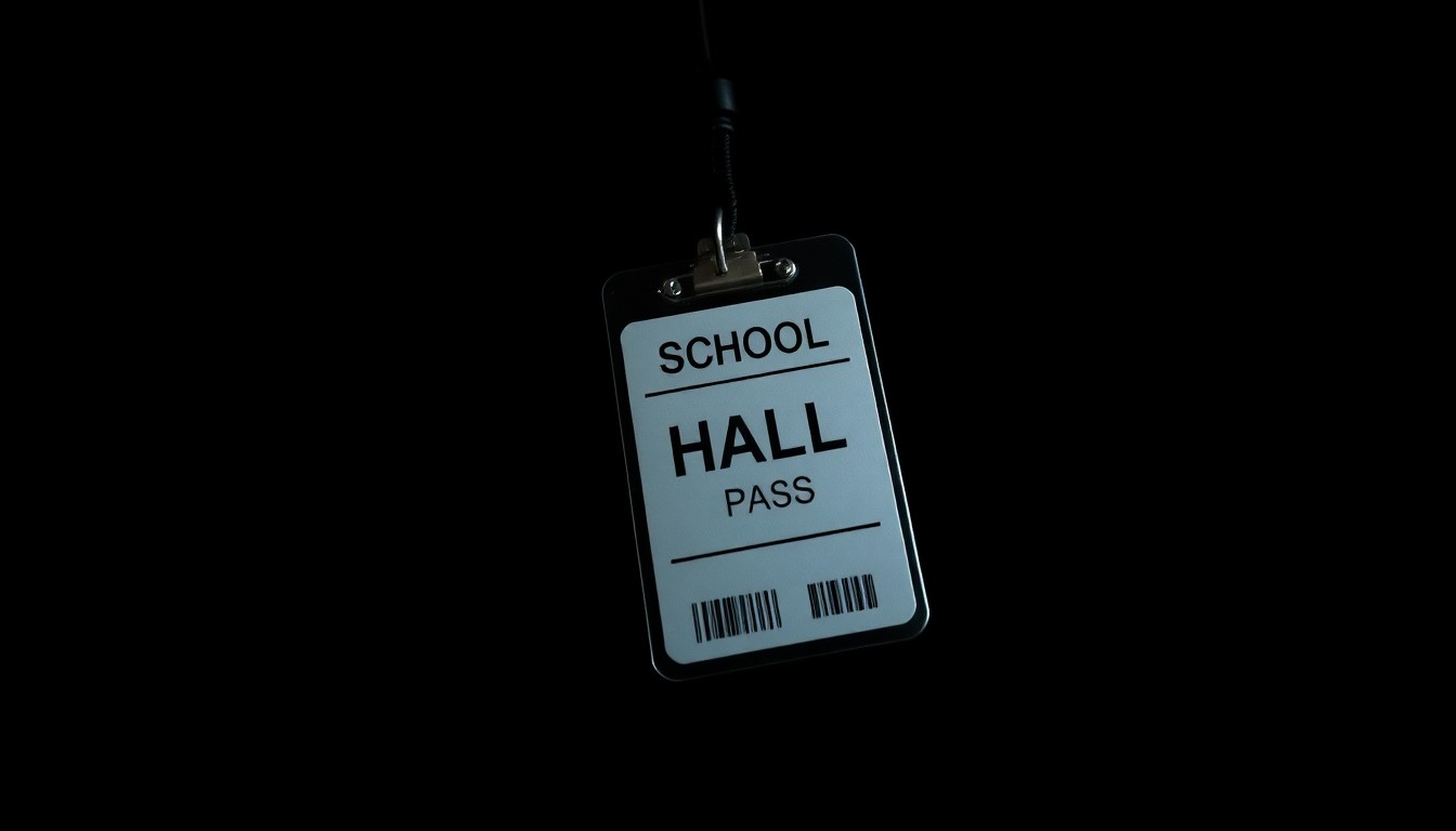 An extreme close-up photograph of a school ID badge or student hall pass, appearing stark and gritty under harsh flash lighting against a pitch-black background, conceptually representing the investigation into a school safety incident.