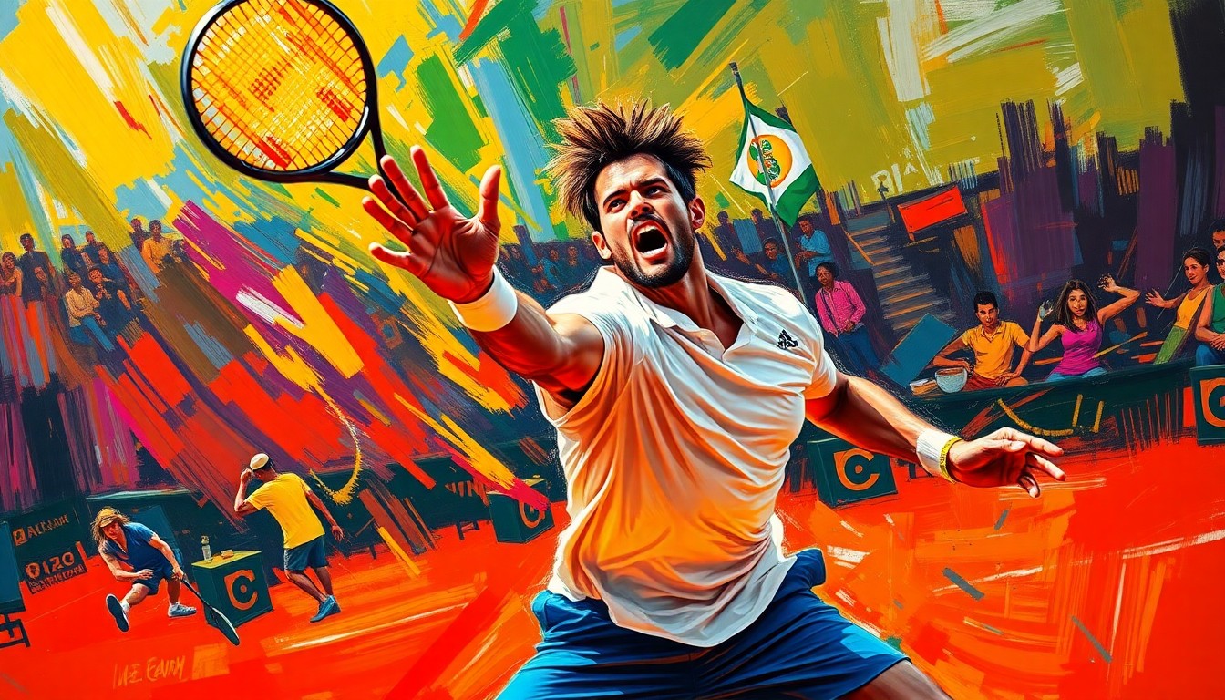 An abstract, energetic painting in neon colors depicting the powerful motion and energy of a tennis player's serve on a clay court.