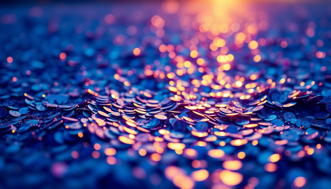 An abstract close-up photograph of glittering, reflective sequins in deep, rich colors, capturing the vibrant energy and glamour of a music festival sunset.