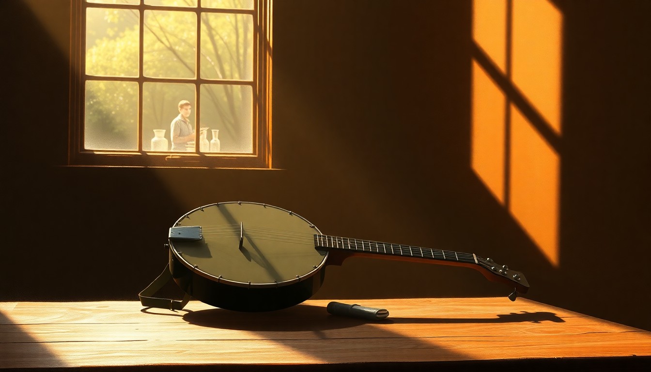A close-up painting of an old, worn banjo resting on a wooden table, with the instrument's intricate details and textures highlighted by dramatic lighting and shadows, conveying a sense of quiet contemplation and discovery.