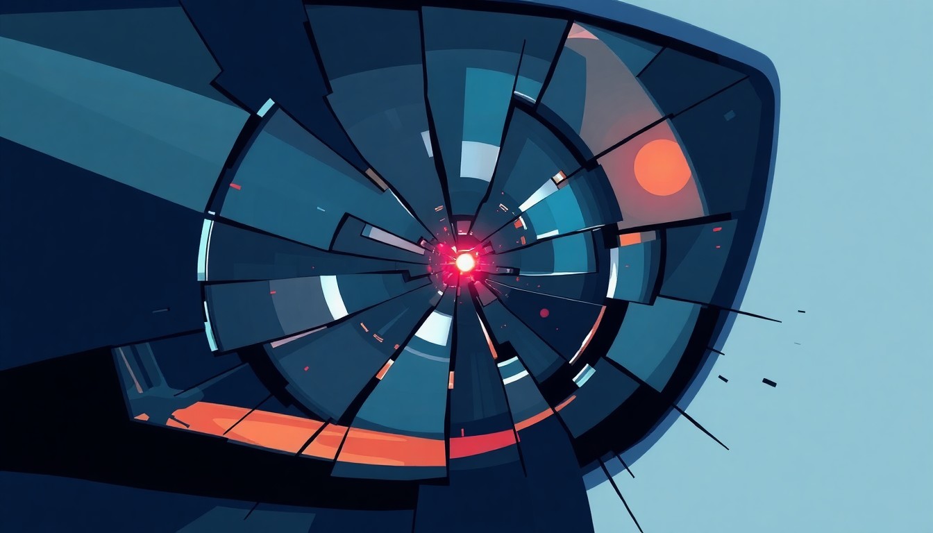 An extreme close-up of a shattered car sensor lens reflecting a faint red light, conceptually illustrating the vandalism of self-driving cars.