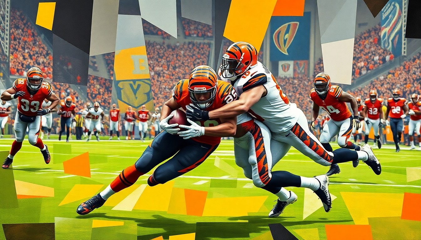 A fractured, geometric painting depicting a football player making a tackle, with sharp planes of orange, black, and white colors representing the Bengals' team palette.