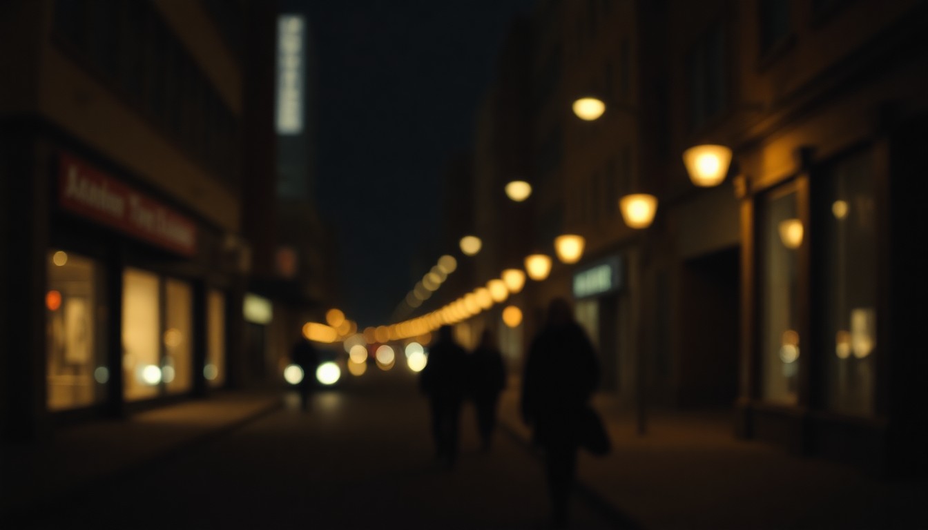 An extremely abstracted, out-of-focus photograph of a city street at night, with blurred streetlights and silhouettes of people walking in the distance, conveying a sense of urban atmosphere and the human experience of homelessness.