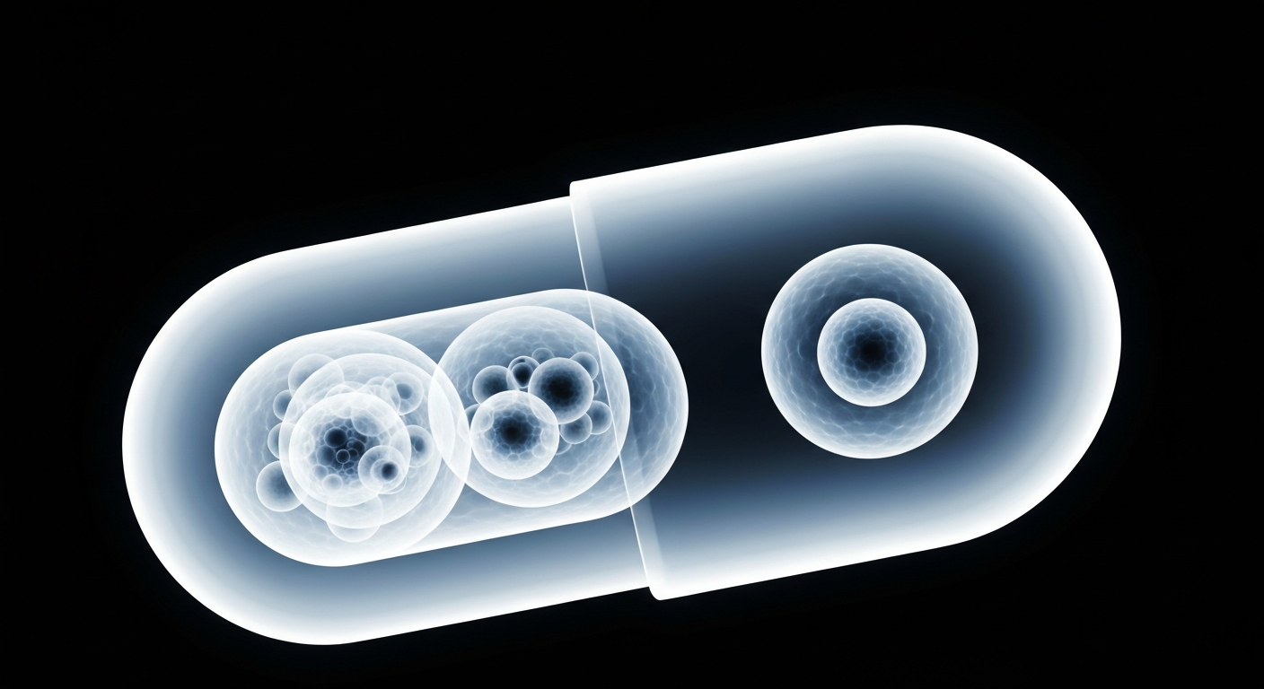 A ghostly, translucent X-ray photograph of a collagen supplement capsule, revealing its internal structure and the presence of an undeclared drug as glowing, ghostly lines against a dark background.