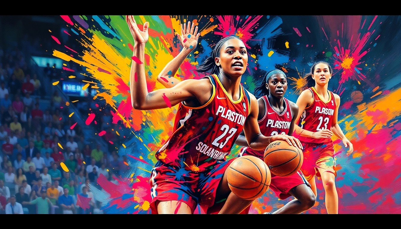 An abstract, expressionist painting featuring vibrant brushstrokes of neon colors that capture the dynamic energy and movement of a WNBA basketball game, with the players' identities obscured in a burst of color.