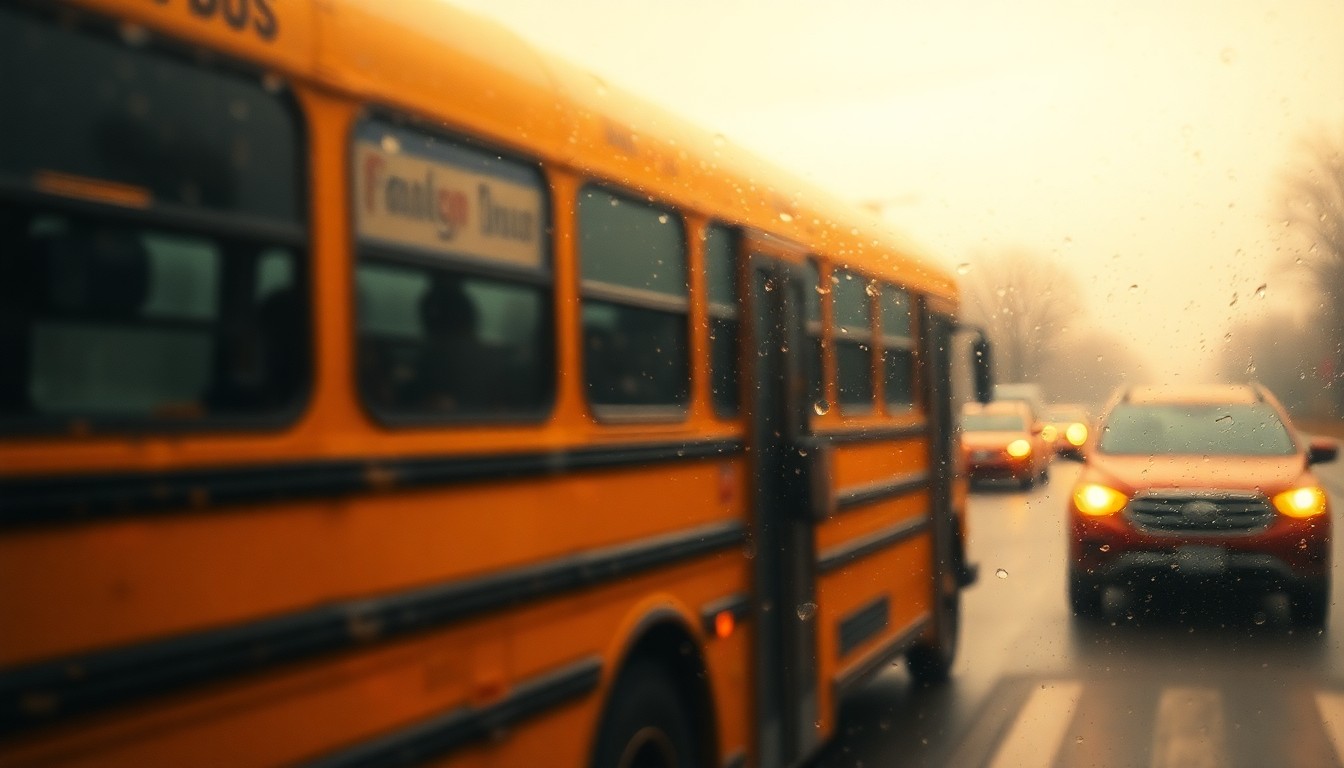 An abstract, out-of-focus photograph featuring blurred shapes and colors that suggest the concept of a school bus, backpacks, and other educational items, conveying the mood and emotion of the story without depicting any specific objects or people.