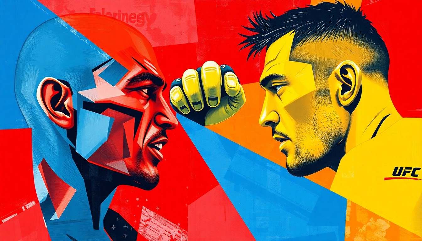 A cubist, geometric painting depicting the dynamic action of a UFC welterweight fight, with the fighters' movements and strikes broken down into sharp, overlapping planes of color.