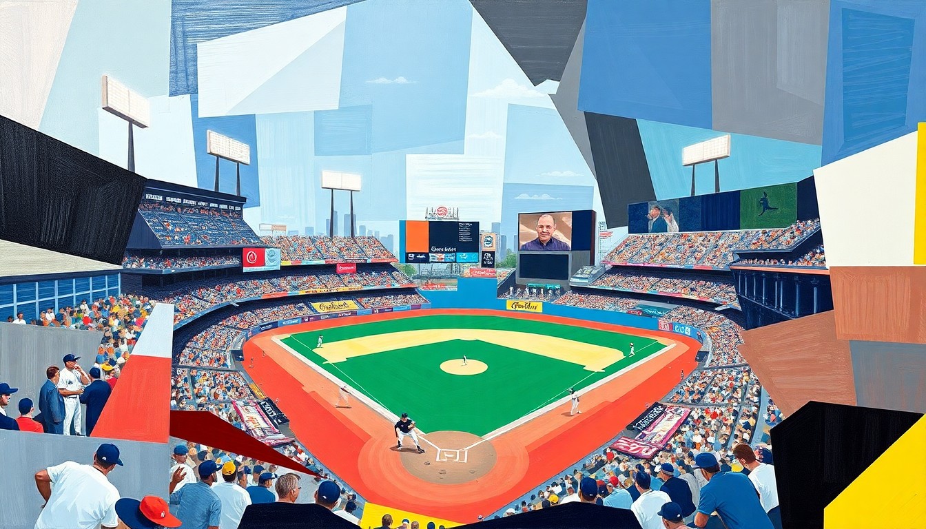 A cubist, geometric painting depicting a fragmented, multi-perspective view of a baseball game or match, with the sharp, overlapping planes rendered in the official colors of the Chicago White Sox team.