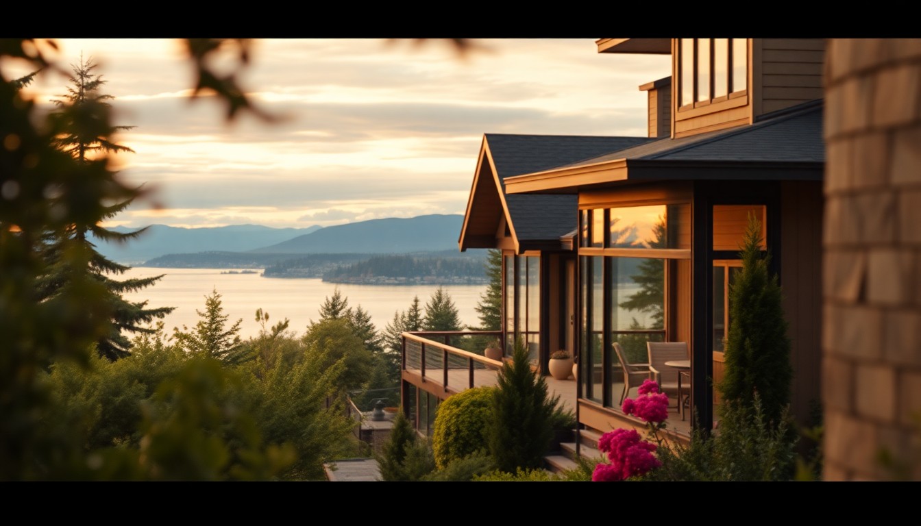 An abstract, impressionistic photograph in soft, warm tones depicting the exterior of a modern, upscale home surrounded by greenery, with distant mountains visible through the hazy, out-of-focus composition.