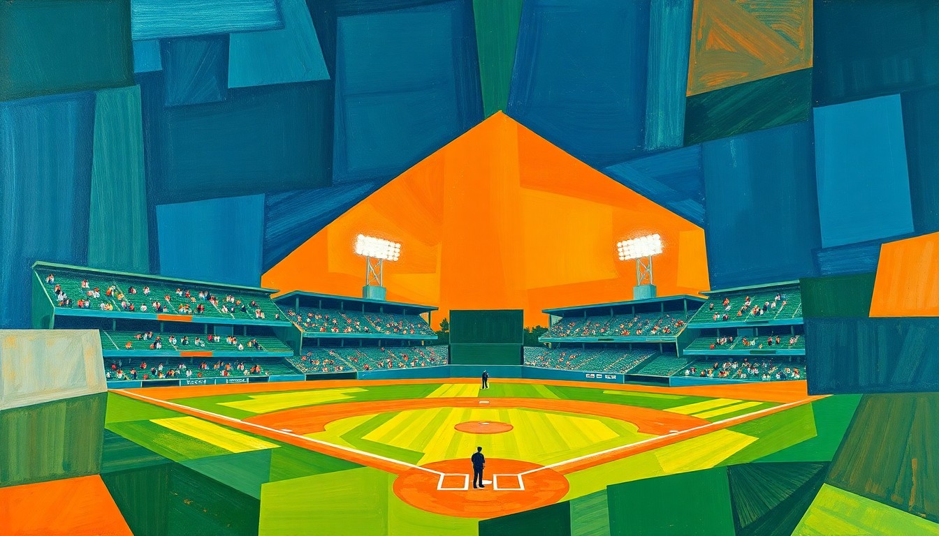 A fragmented, geometric painting in bold colors depicting the dynamic motion and energy of a minor league baseball game, with players and the field deconstructed into overlapping planes and shapes.