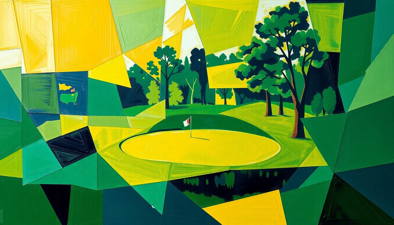 A cubist, geometric painting in shades of green, yellow, and blue, breaking down the iconic Masters golf tournament into fragmented, overlapping shapes and planes, conveying a sense of transition and change in the sport.