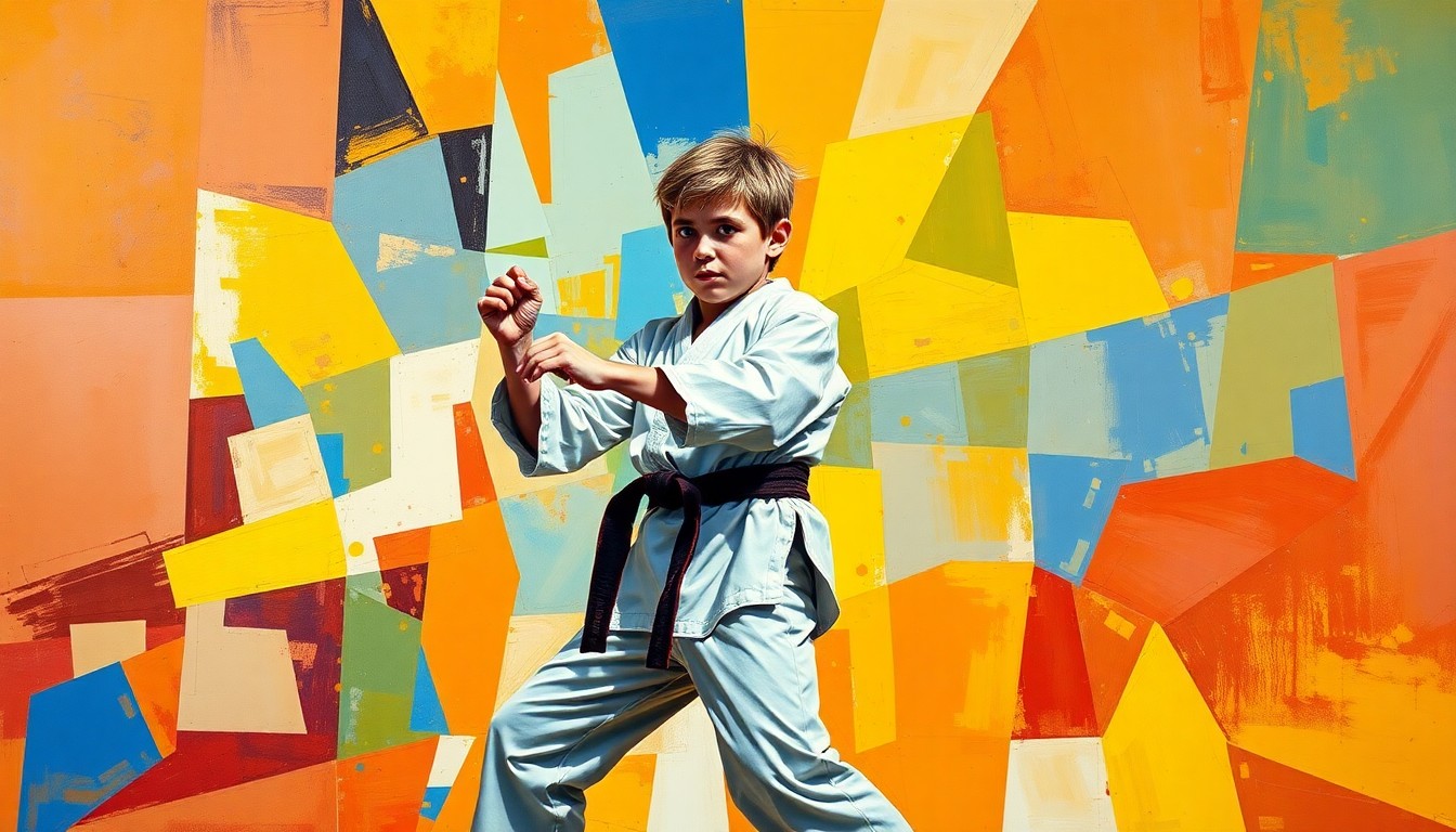 A fractured, multi-perspective painting depicting a young karate athlete's training and competition, with sharp, overlapping geometric shapes in vibrant colors representing the sport's intensity and the athlete's unwavering spirit.