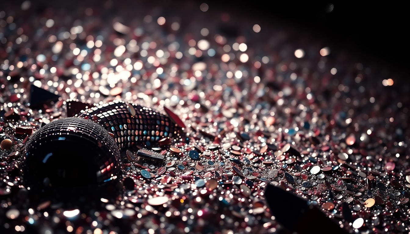 An extreme close-up photograph of shimmering sequins and shattered glass reflecting dramatic studio lighting, creating a high-contrast, abstract glamour texture that conceptually represents the energy and diversity of a major music festival performance.