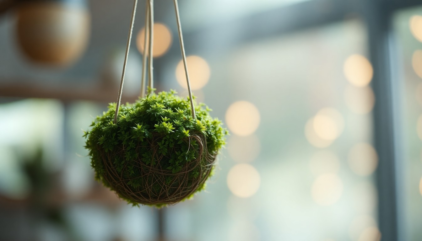 A blurred, atmospheric photograph of a hanging kokedama plant, its lush moss and delicate foliage standing out against a dreamy, out-of-focus background of warm, hazy color.