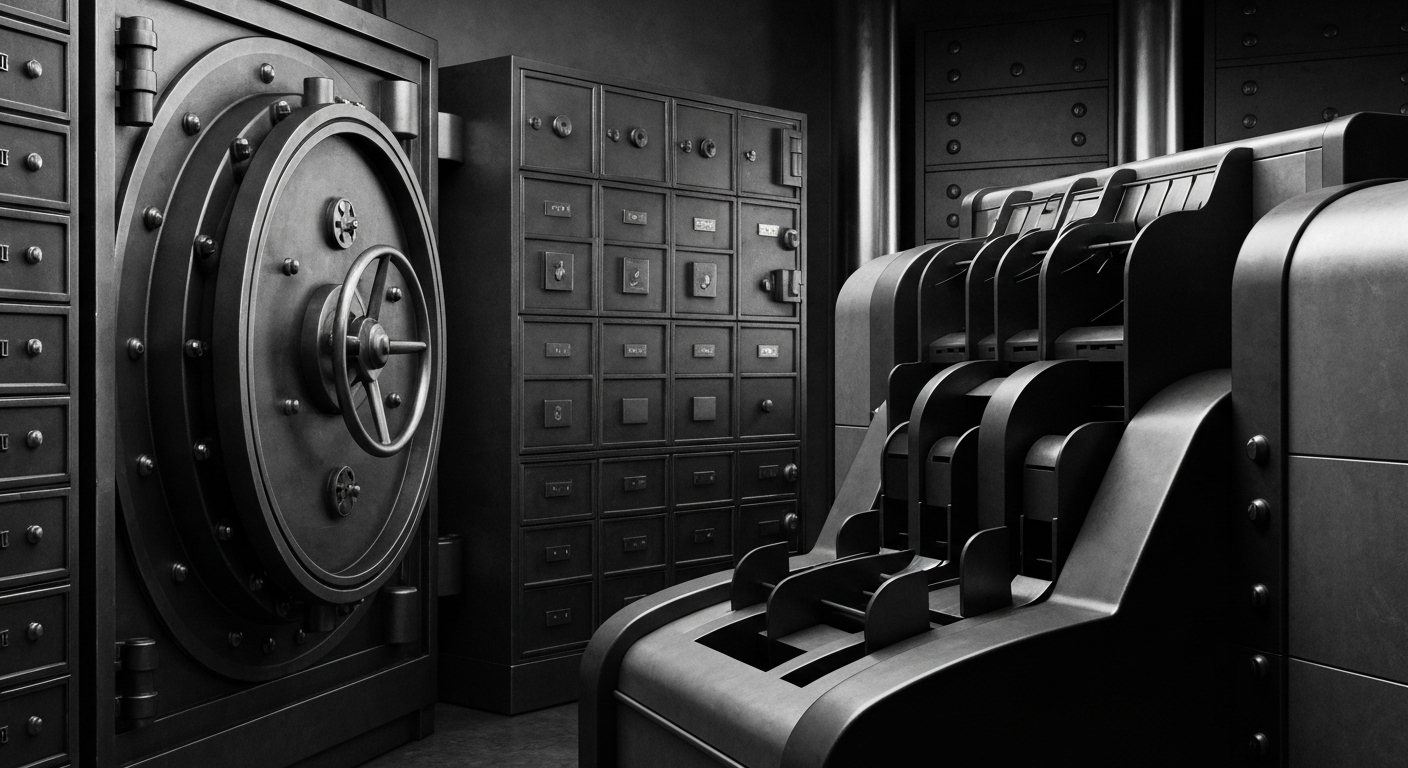 A high-contrast, cinematic close-up of heavy banking machinery and equipment, such as vault doors and currency counting machines, representing the physical, industrial nature of community banking operations.
