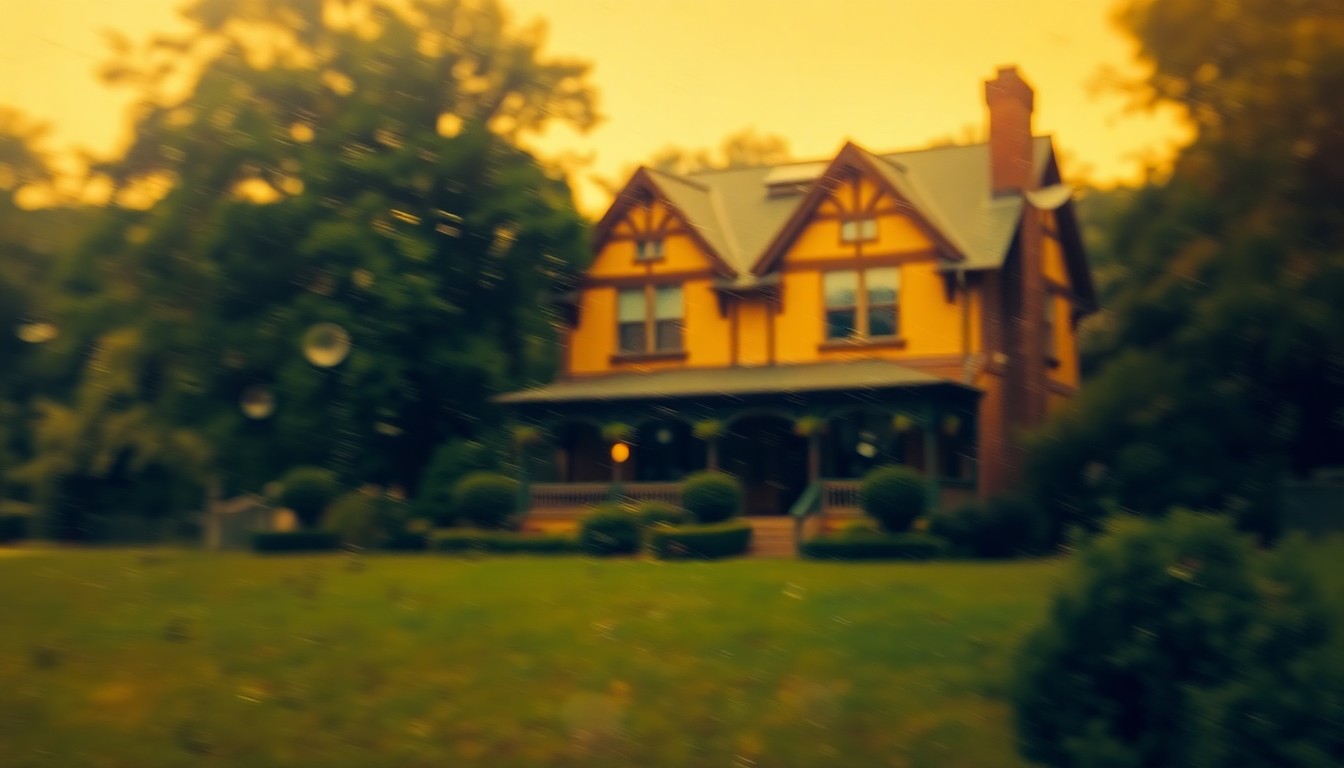 An impressionistic, out-of-focus scene depicting the warm, nostalgic atmosphere of a historic home nestled in a lush, verdant landscape, conveying the timeless significance of the Schuerman Homestead House dedication.