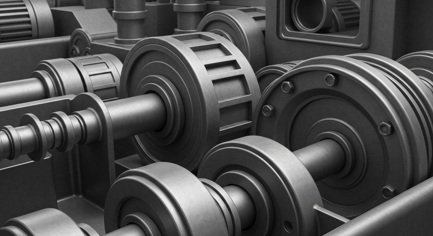 An extreme close-up of various metal gears, levers, and mechanical components in shades of gray, conveying the intricate financial infrastructure underlying the electric vehicle market.