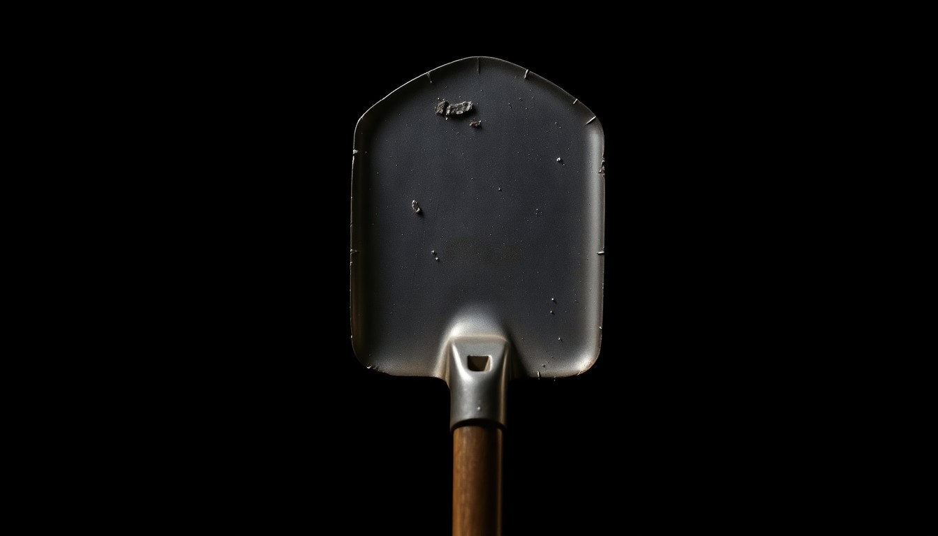 An extreme close-up of a damaged shovel head, its metal surface reflecting the harsh light of the camera flash, conceptually representing the physical struggle between a homeowner and an intruder.