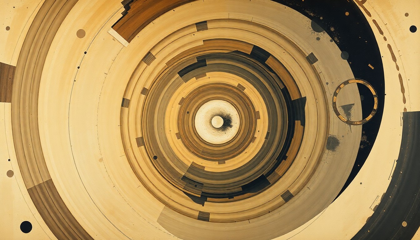 A bold, abstract painting in earthy tones depicting the complex trajectories and forces involved in the Artemis II lunar voyage, conveying the structural order of the universe through sweeping geometric arcs, concentric circles, and precise spirals without any text or symbols.