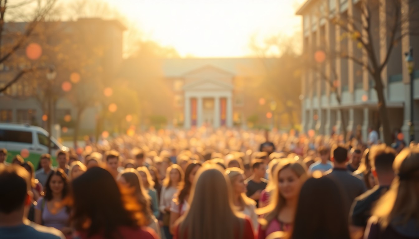 An abstract, impressionistic scene of blurred figures and vibrant colors, evoking the festive atmosphere of Marywood University's community celebration.