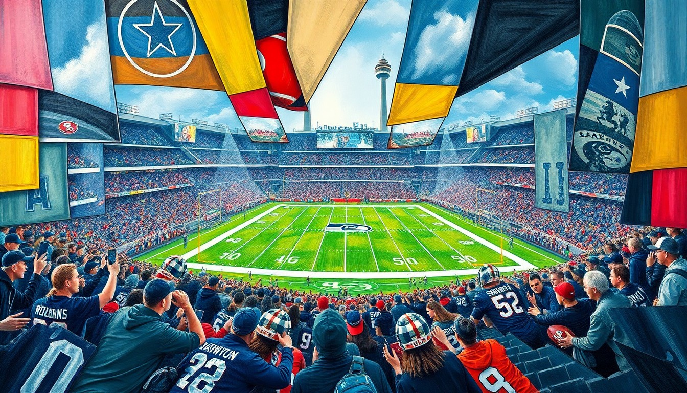 A fragmented, geometric painting depicting a football game between the Seattle Seahawks and San Francisco 49ers, with overlapping shapes and planes representing the dynamic action on the field.