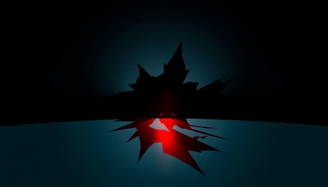 An extreme close-up of a shattered car sensor lens reflecting a faint red light, conceptually illustrating the vandalism of self-driving cars.