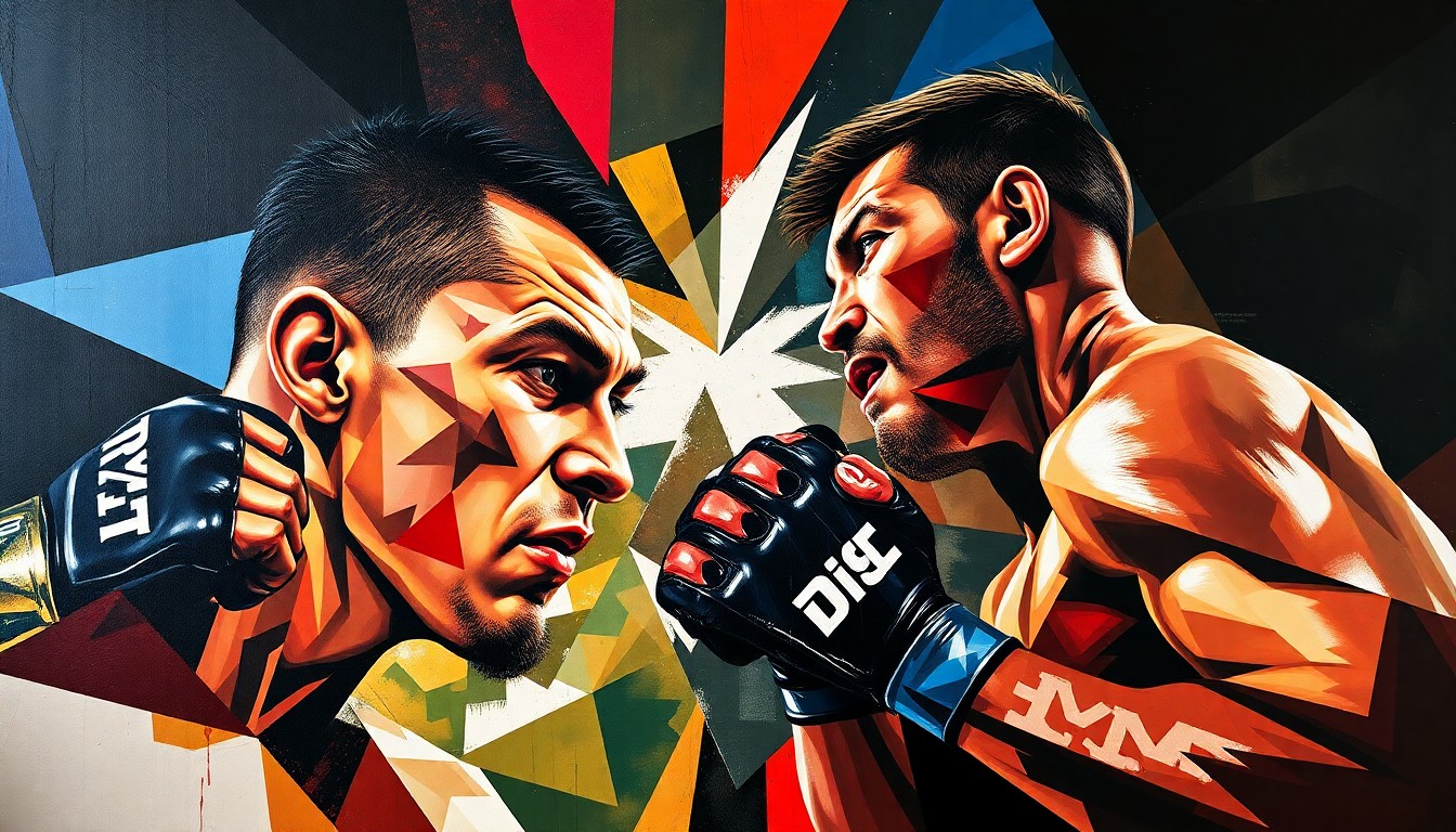 A fragmented, geometric painting depicting two MMA fighters in action, their forms broken down into sharp, overlapping planes of color and shape to convey the complex dynamics of the sport.