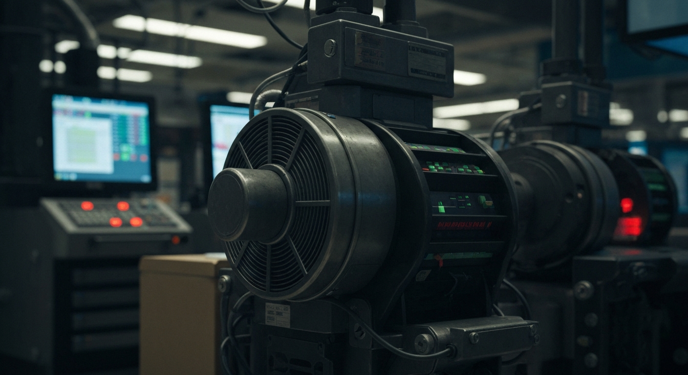 A highly detailed, black-and-white close-up image of the gears, cables, and mechanical components that make up the inner workings of a stock trading floor, conveying the industrial power and complexity of modern finance.