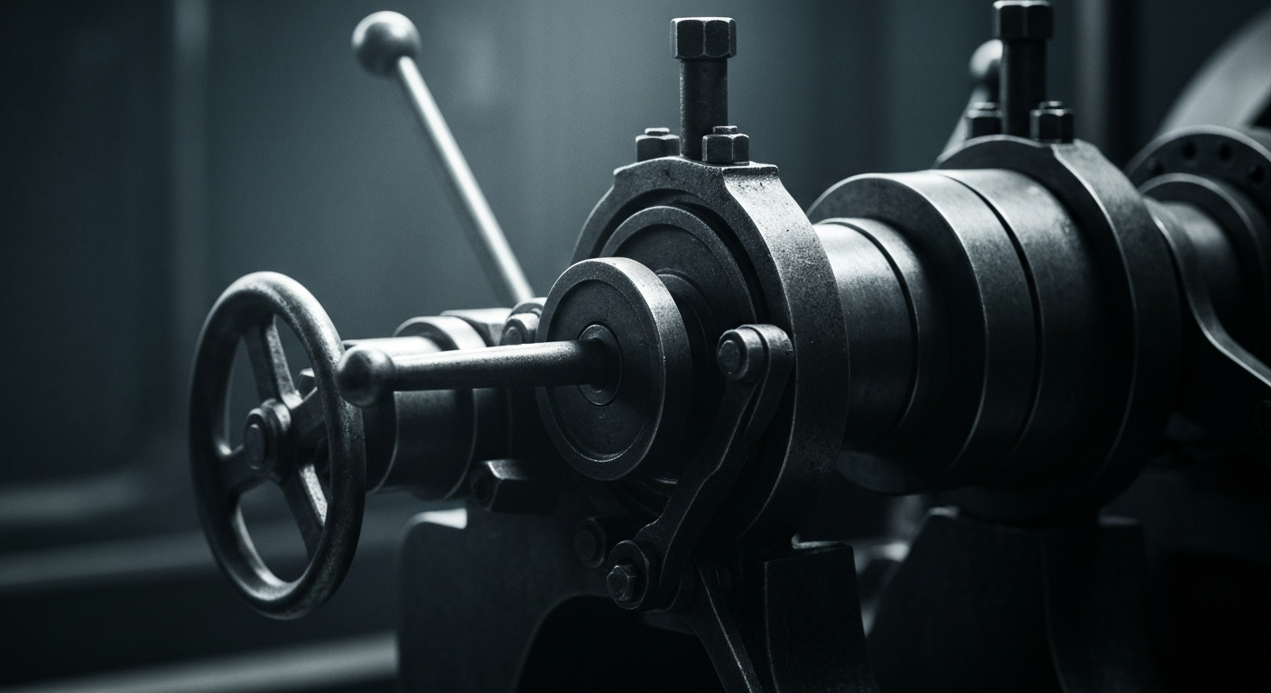 An extreme close-up of gears, levers, and other heavy industrial banking mechanisms, conveying the secure, powerful infrastructure behind Chime Financial's digital banking services.