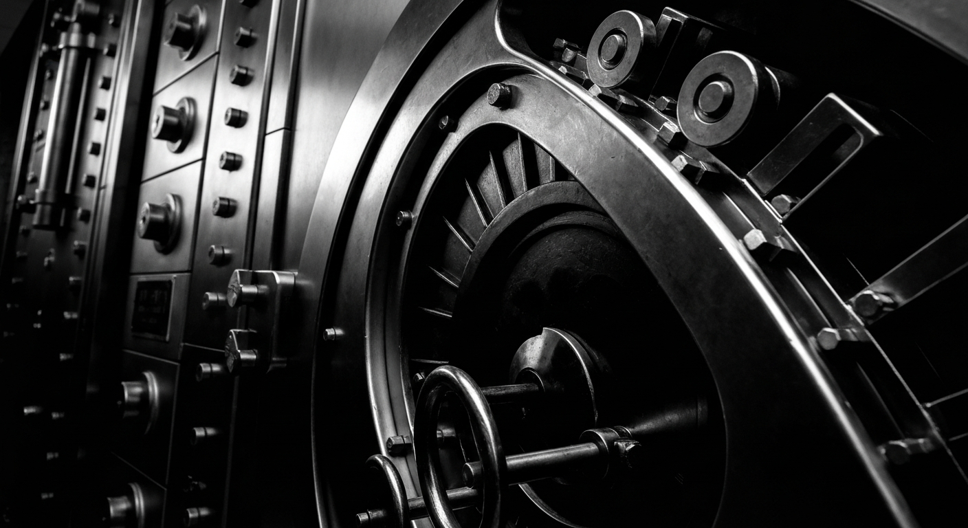 An extreme close-up of various metal and mechanical banking equipment, such as vault doors and currency counters, conveying the physical, industrial nature of financial security and wealth without using any literal currency or charts.