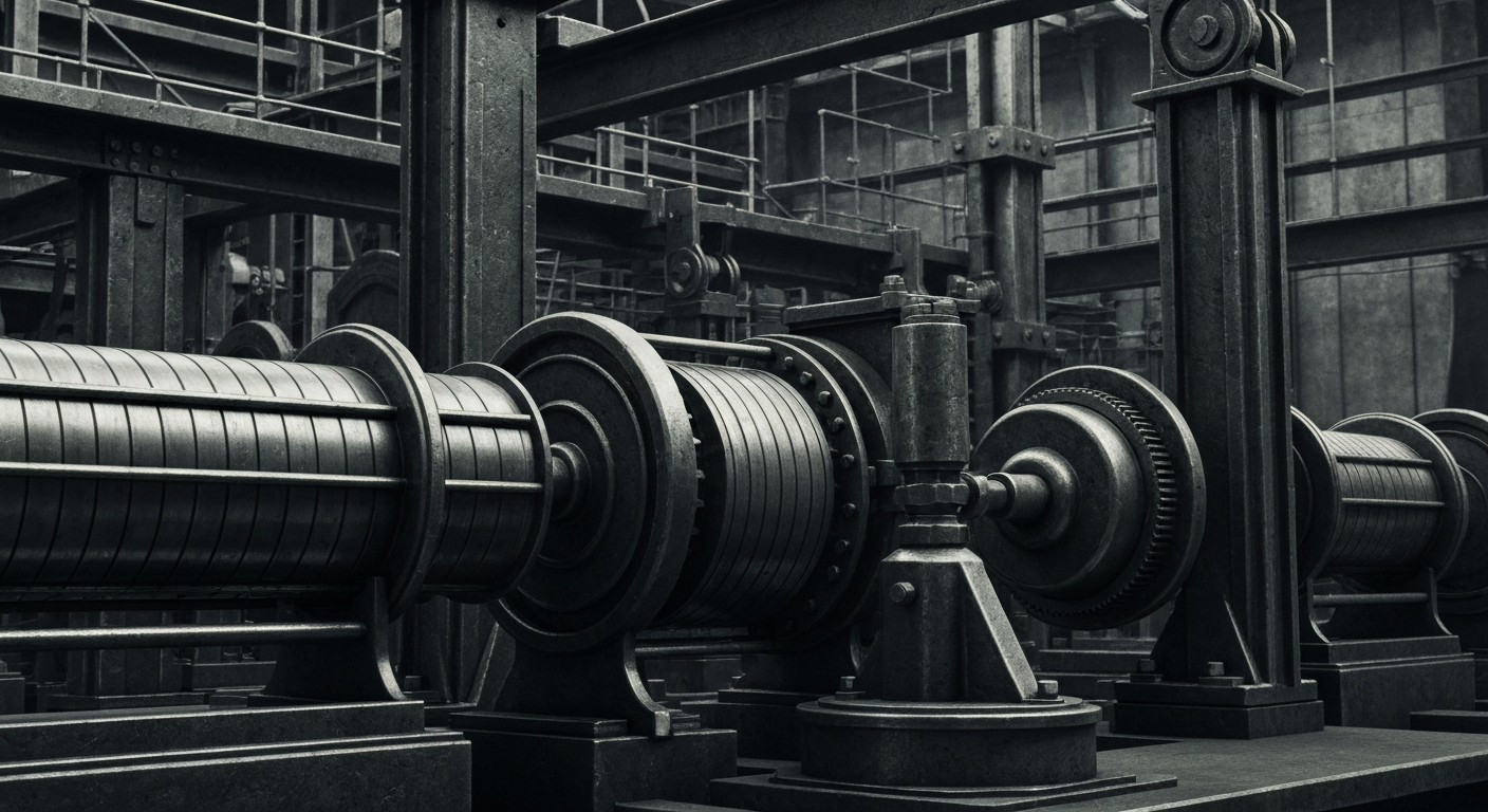 An extreme close-up of gears, levers, and other heavy industrial banking equipment, rendered in a high-contrast, cinematic style that conveys the institutional power and security of the financial system.