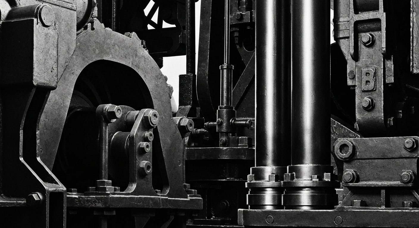 A high-contrast, black-and-white close-up image of heavy, industrial machinery and equipment used in the transportation and manufacturing sectors, conveying a sense of power and precision that underpins the American economy.