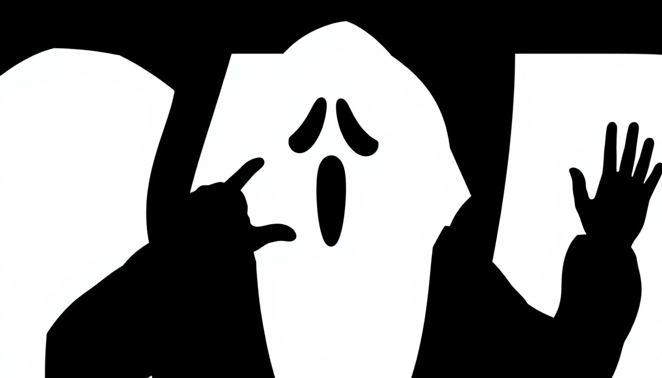 An abstract, minimalist composition featuring stark black silhouettes and geometric shapes in high-contrast red and white, conceptually representing the iconic Ghostface killer and the meta-driven nature of the 'Scream' horror franchise.