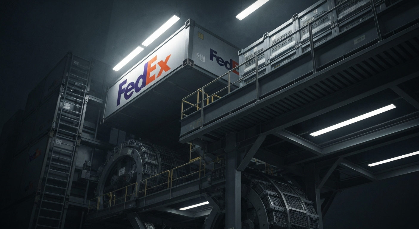 An extreme close-up of various FedEx shipping machinery and equipment, including conveyor belts, sorting bins, and loading docks, all dramatically lit against a dark background to convey the company's critical role in global logistics without using any text or branding.