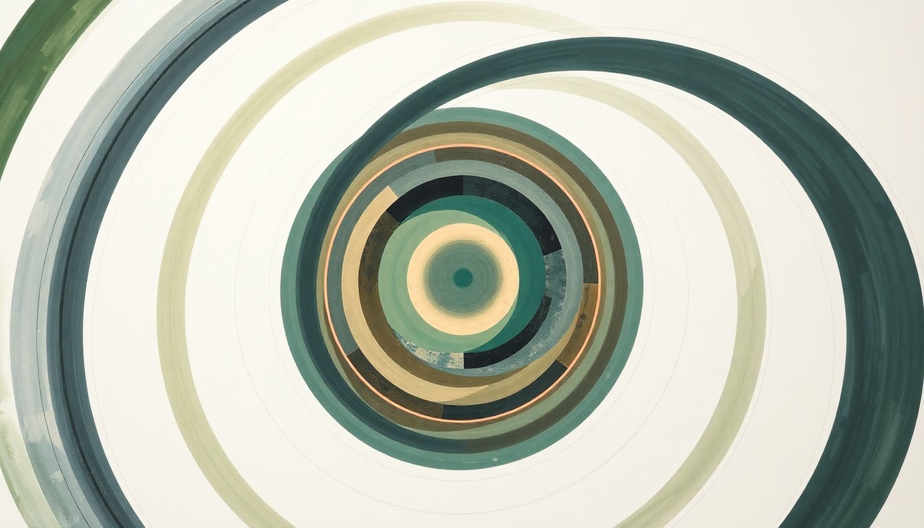 A highly textured, abstract painting in earthy tones of green, brown, and blue, featuring sweeping geometric arcs, concentric circles, and precise spiraling forms, conceptually representing the intricate interplay of electronic interactions and dielectric screening that control superconductivity in twisted bilayer graphene.