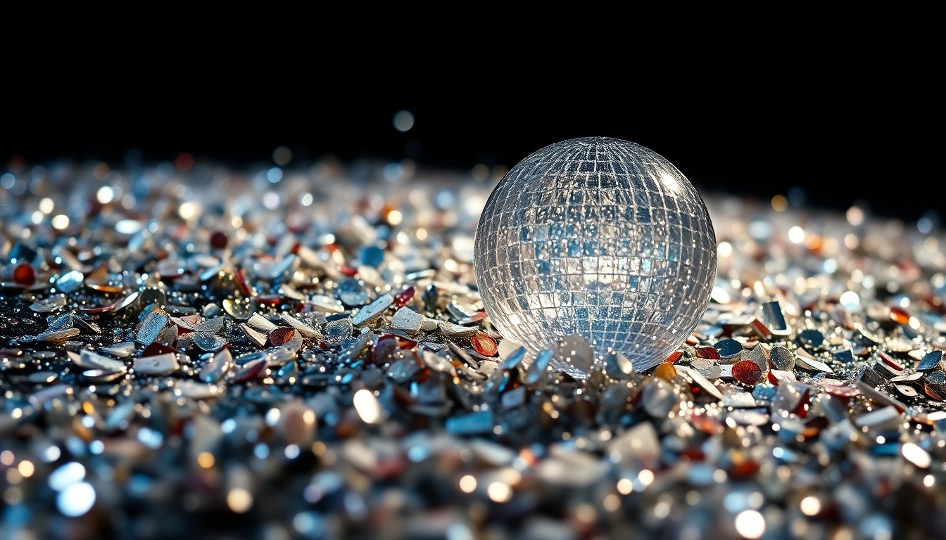 An abstract close-up image of shimmering sequins and shards of reflective glass, capturing the luxurious yet edgy aesthetic of the Los Angeles indie music scene.